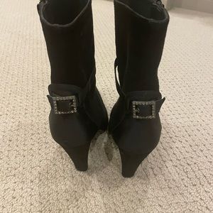 Stuart Weitzman Black Suede Ankle Boot with Rhinestone Buckle at back